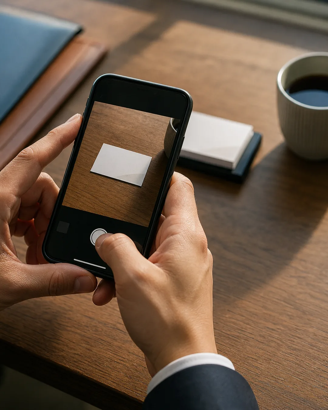 机の上の名刺をスマートフォンで撮影している手元