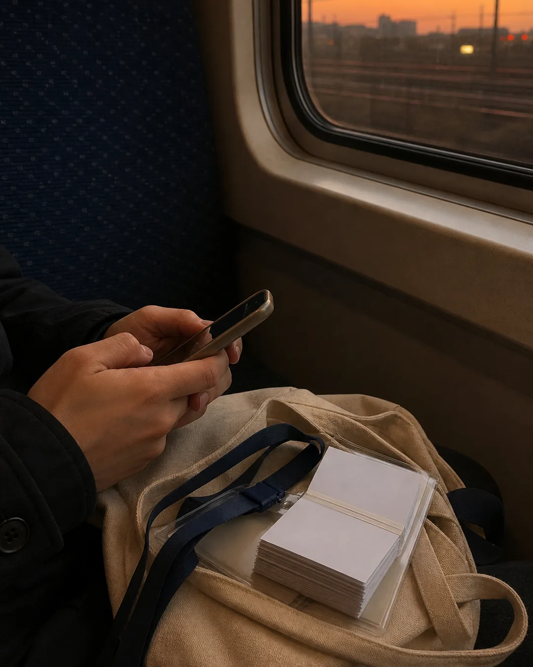 帰りの電車で名刺の束を膝に置き、スマートフォンを持つ手元